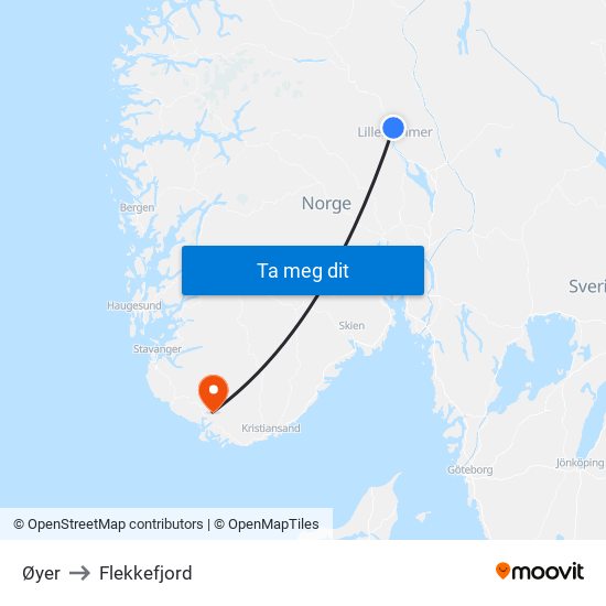 Øyer to Flekkefjord map