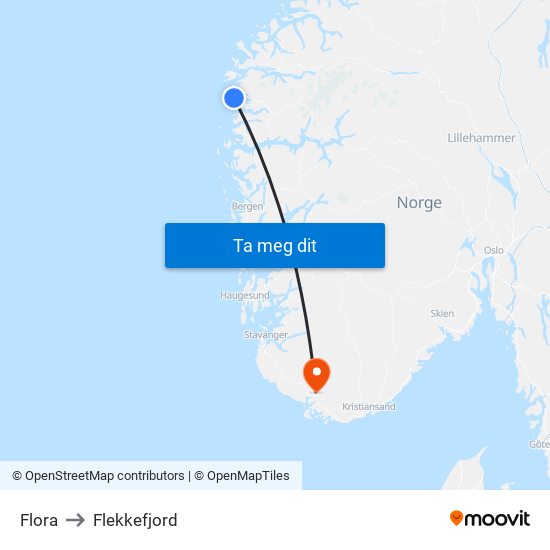 Flora to Flekkefjord map