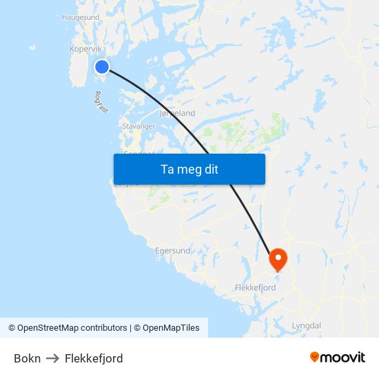 Bokn to Flekkefjord map