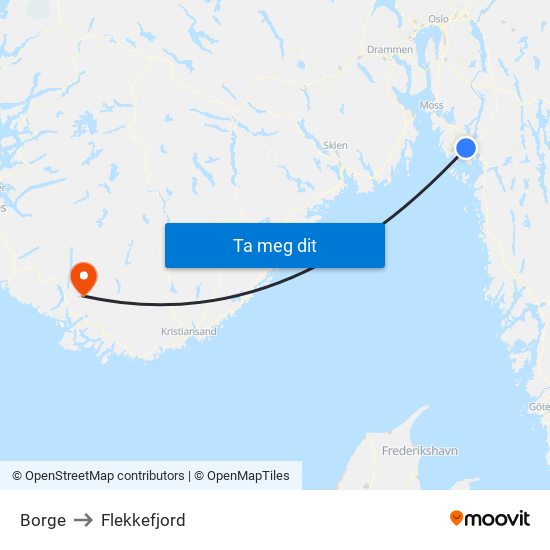 Borge to Flekkefjord map