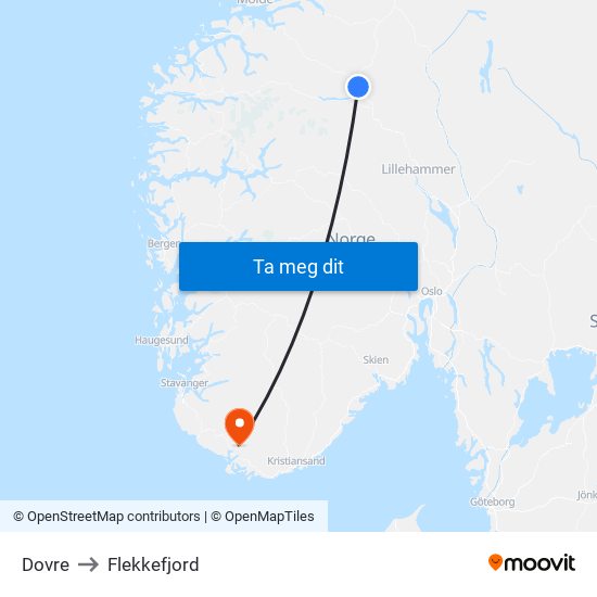 Dovre to Flekkefjord map