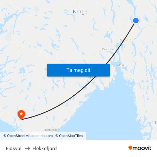 Eidsvoll to Flekkefjord map