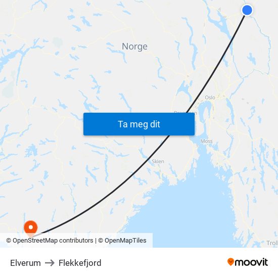 Elverum to Flekkefjord map