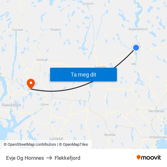 Evje Og Hornnes to Flekkefjord map