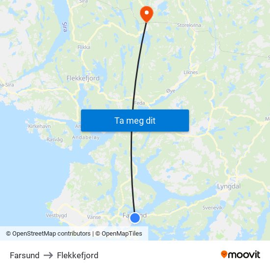 Farsund to Flekkefjord map