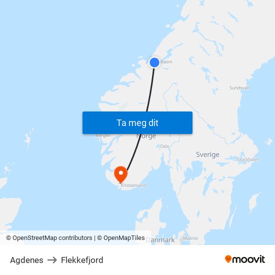 Agdenes to Flekkefjord map