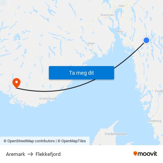 Aremark to Flekkefjord map