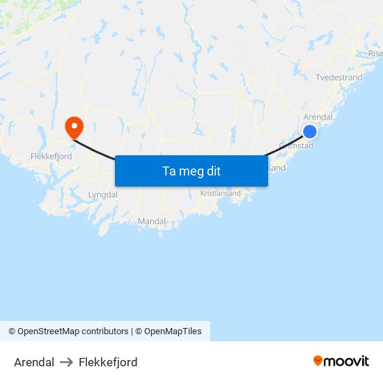 Arendal to Flekkefjord map