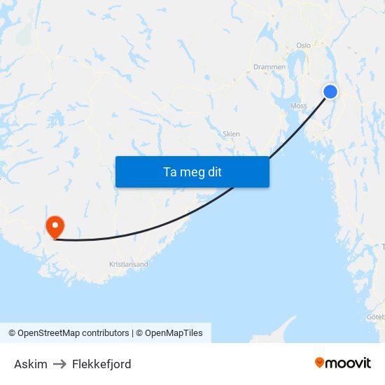 Askim to Flekkefjord map