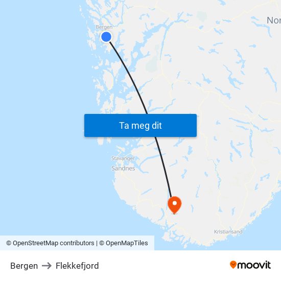 Bergen to Flekkefjord map