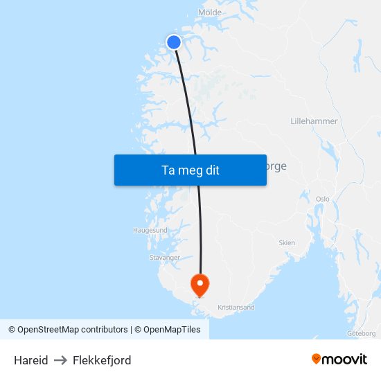 Hareid to Flekkefjord map