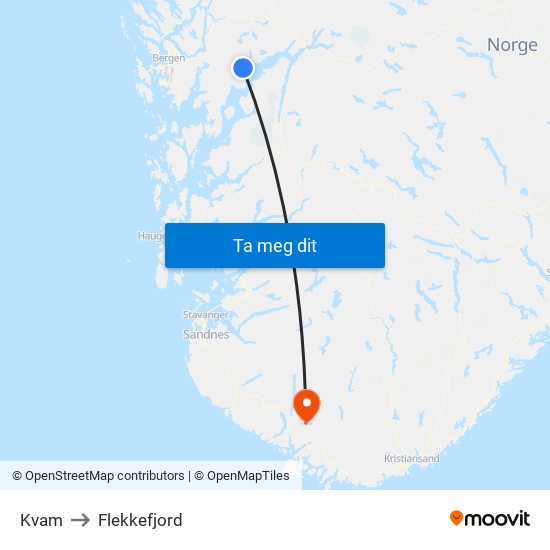 Kvam to Flekkefjord map