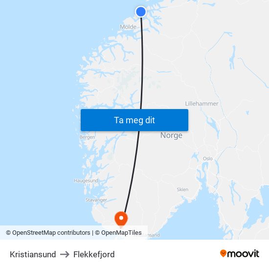 Kristiansund to Flekkefjord map