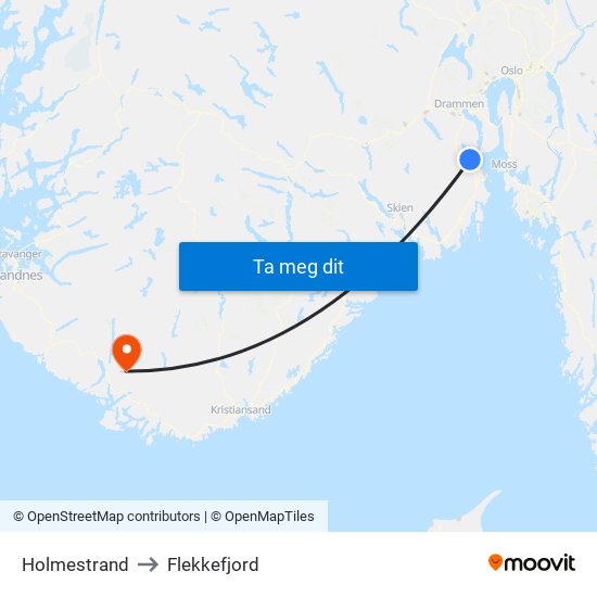 Holmestrand to Flekkefjord map