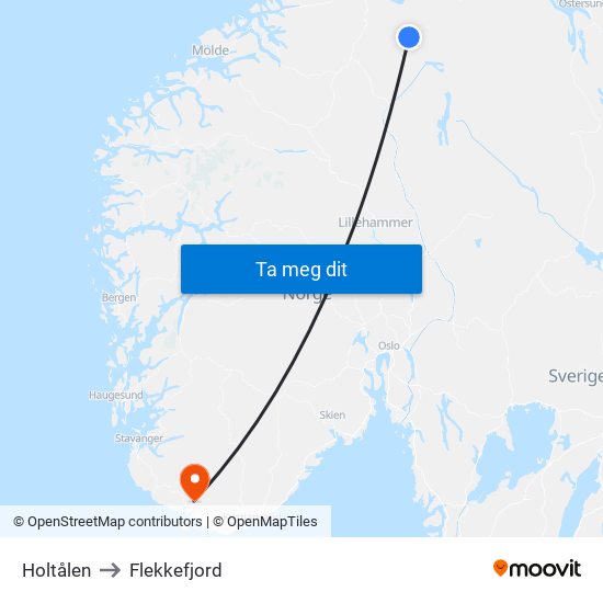 Holtålen to Flekkefjord map