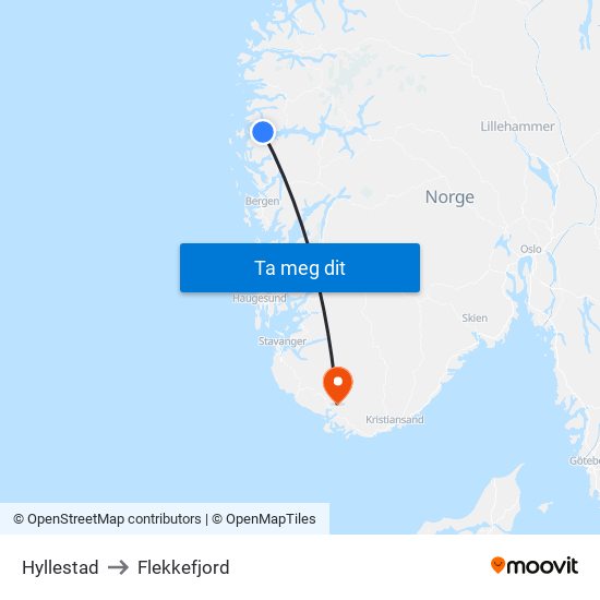 Hyllestad to Flekkefjord map