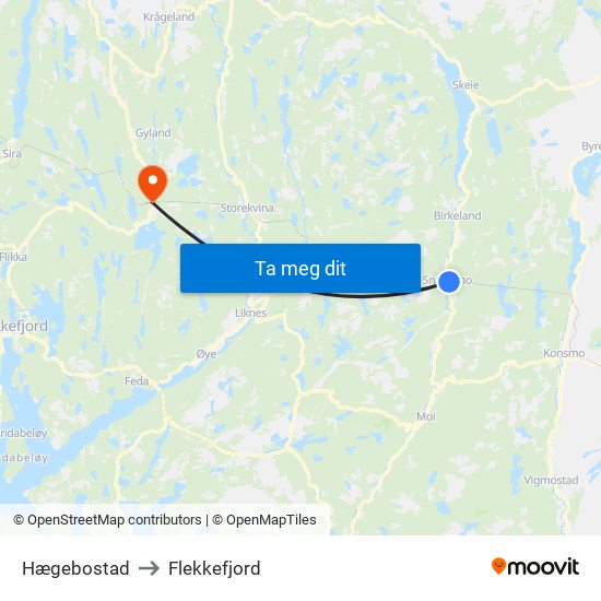 Hægebostad to Flekkefjord map