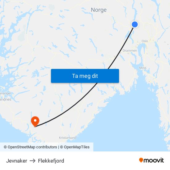 Jevnaker to Flekkefjord map