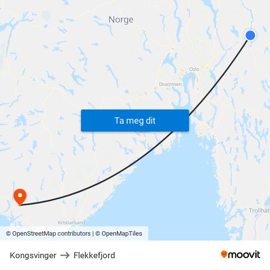 Kongsvinger to Flekkefjord map