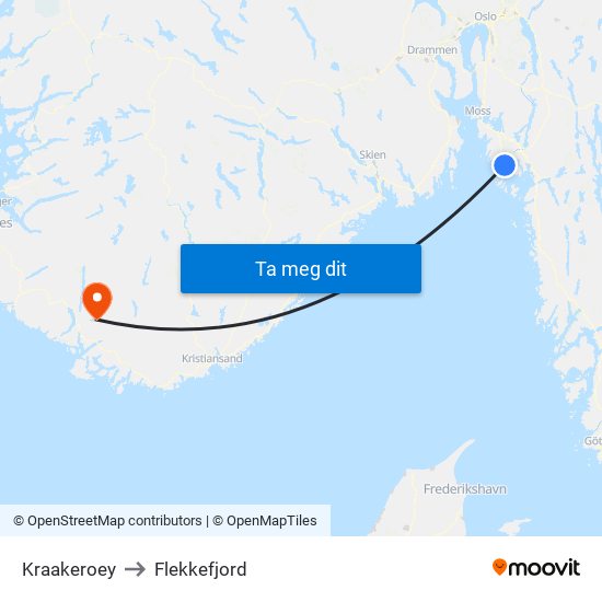 Kraakeroey to Flekkefjord map