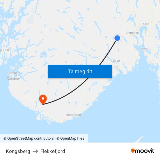 Kongsberg to Flekkefjord map
