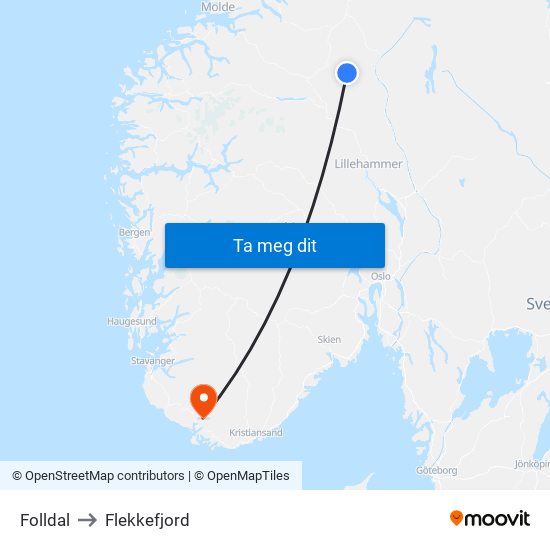 Folldal to Flekkefjord map