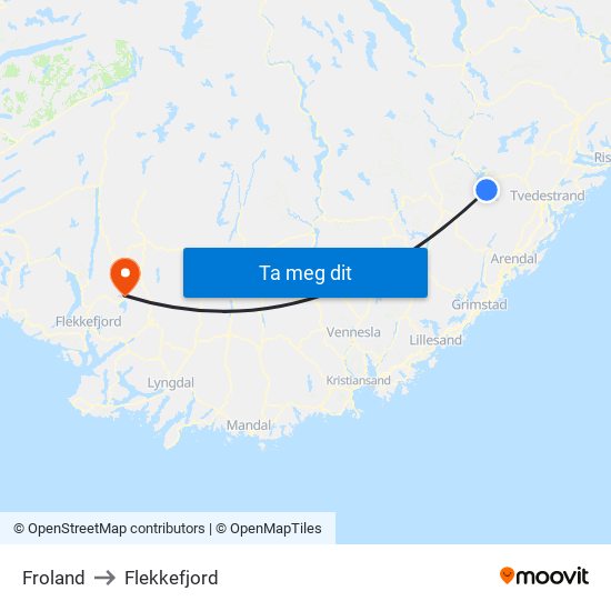Froland to Flekkefjord map