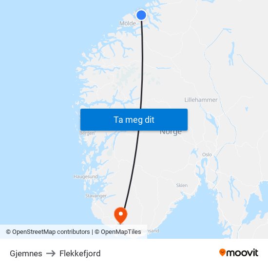 Gjemnes to Flekkefjord map