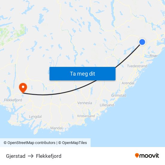 Gjerstad to Flekkefjord map