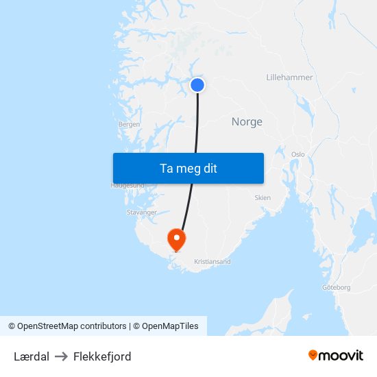 Lærdal to Flekkefjord map