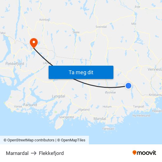 Marnardal to Flekkefjord map
