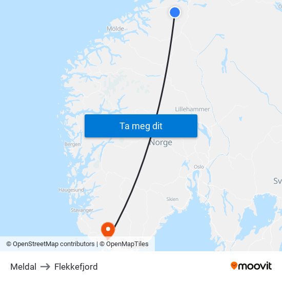 Meldal to Flekkefjord map