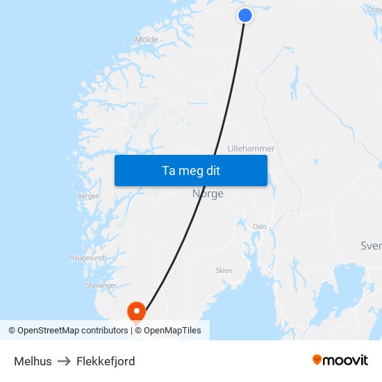 Melhus to Flekkefjord map