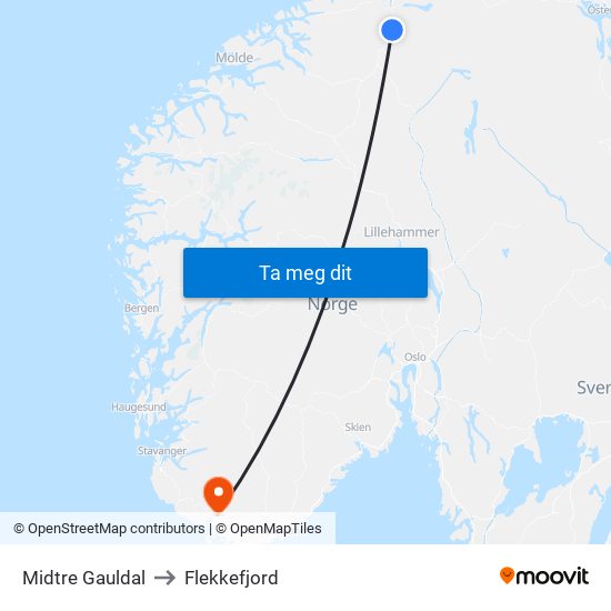 Midtre Gauldal to Flekkefjord map