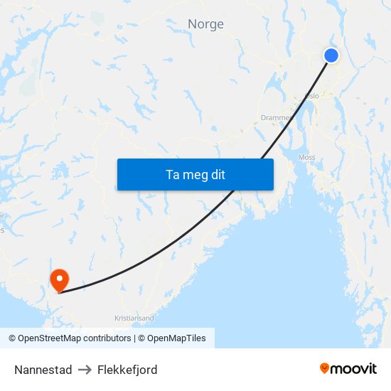 Nannestad to Flekkefjord map