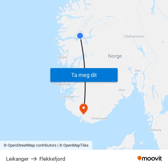 Leikanger to Flekkefjord map