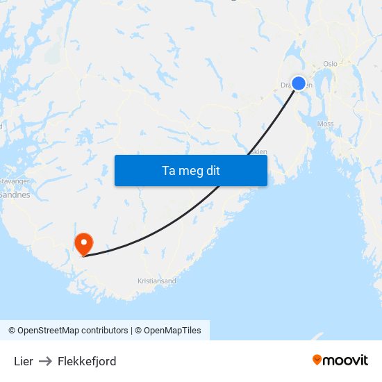 Lier to Flekkefjord map