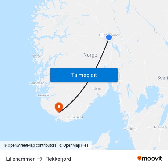 Lillehammer to Flekkefjord map