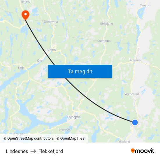 Lindesnes to Flekkefjord map