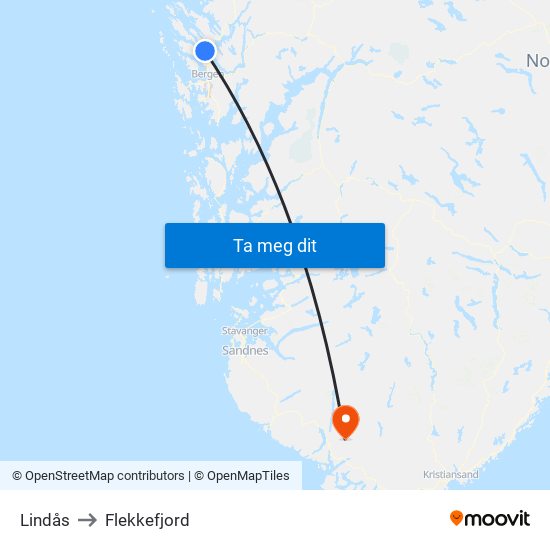 Lindås to Flekkefjord map