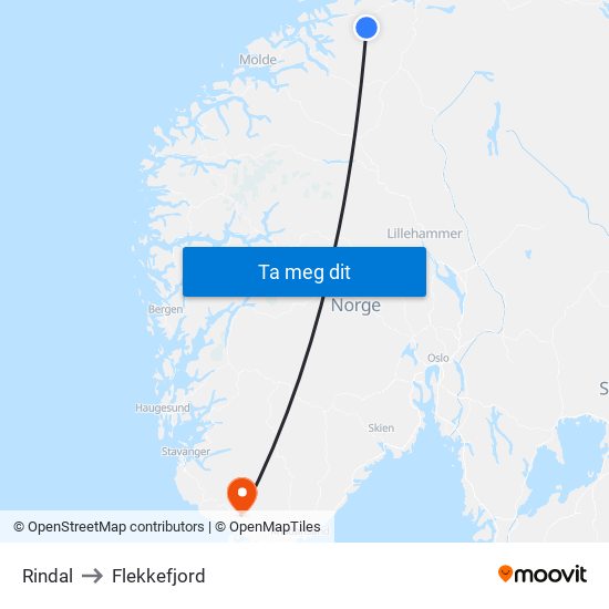 Rindal to Flekkefjord map