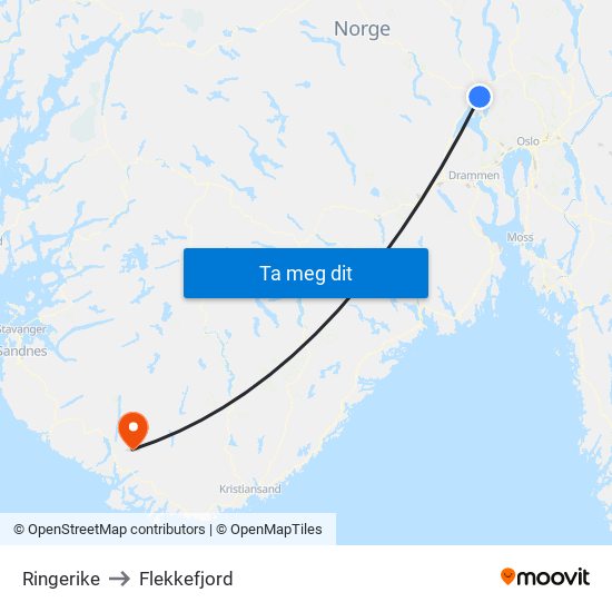 Ringerike to Flekkefjord map