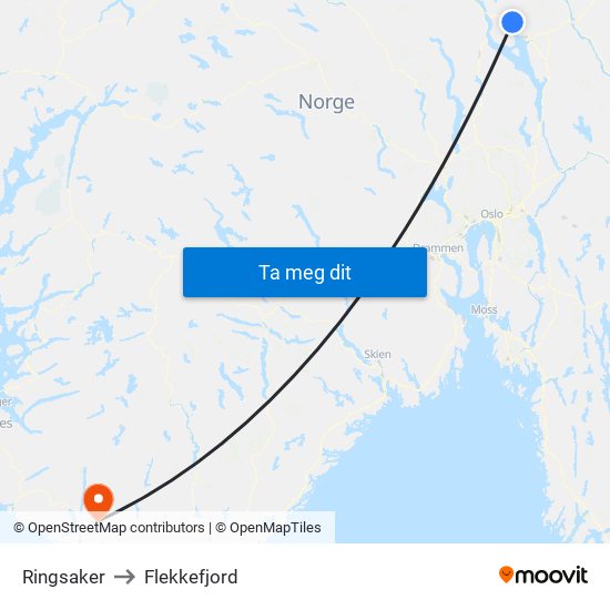Ringsaker to Flekkefjord map
