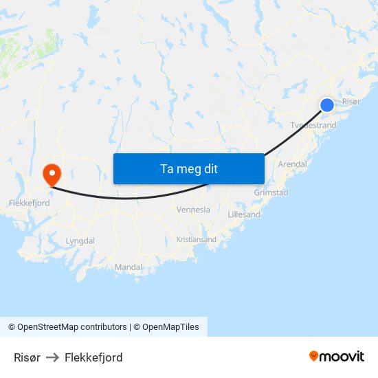 Risør to Flekkefjord map