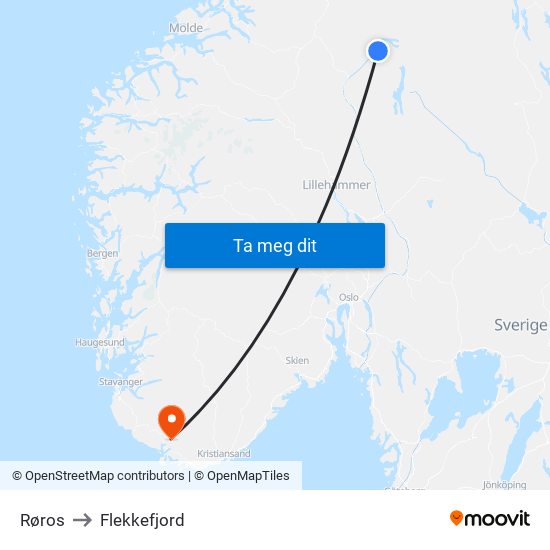 Røros to Flekkefjord map