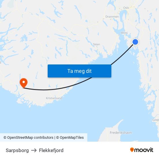 Sarpsborg to Flekkefjord map