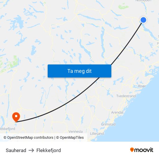 Sauherad to Flekkefjord map