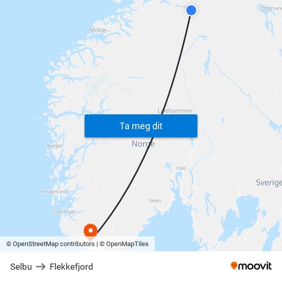 Selbu to Flekkefjord map