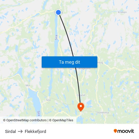 Sirdal to Flekkefjord map