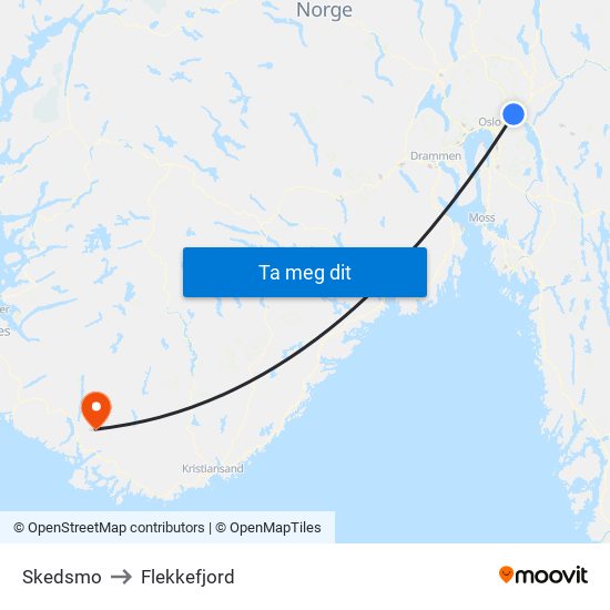 Skedsmo to Flekkefjord map